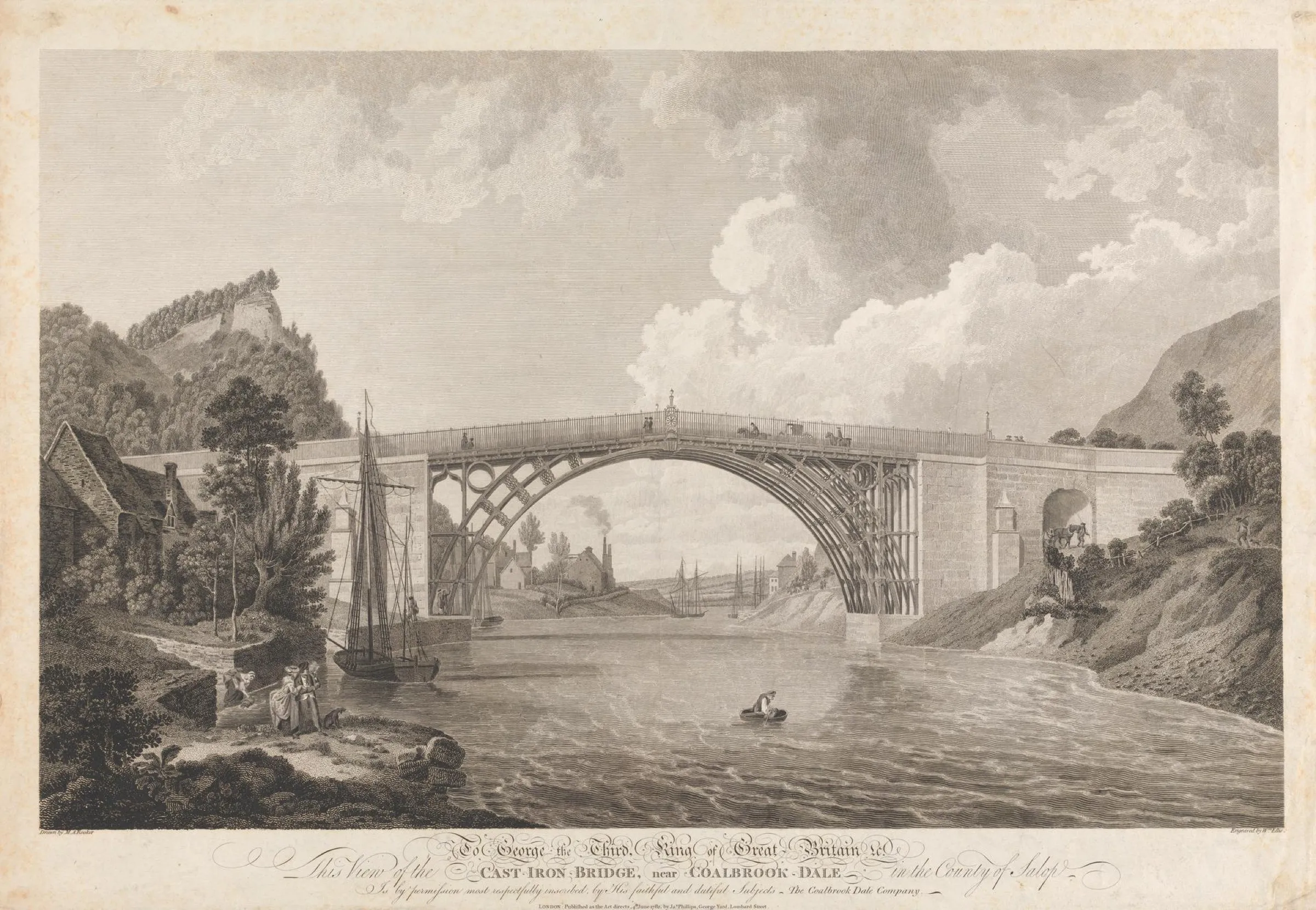 1782 engraving of the Iron Bridge over the River Severn